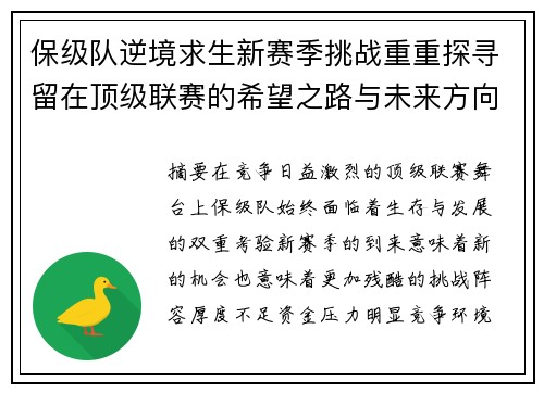 保级队逆境求生新赛季挑战重重探寻留在顶级联赛的希望之路与未来方向